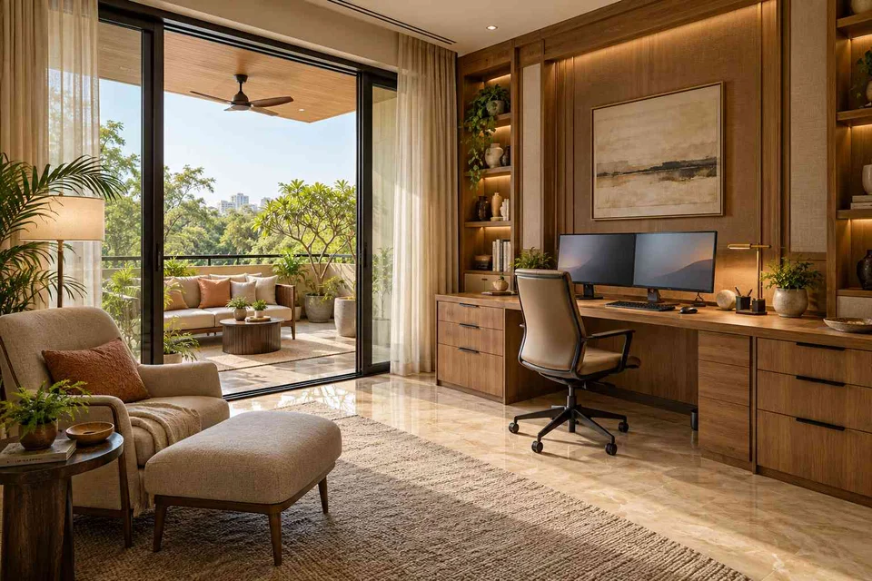 AI-generated home office concept: terrace-edge work suite, quiet transitional direction