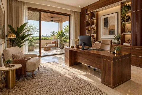 AI-generated home office concept: terrace-edge work suite, rosewood brass direction