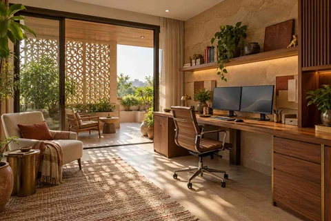 AI-generated home office concept: terrace-edge work suite, sandstone lattice direction