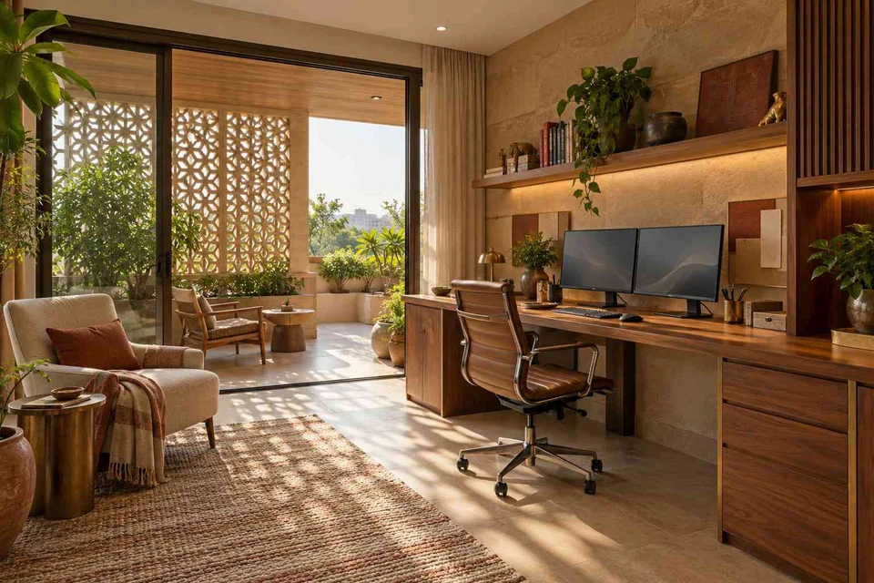 AI-generated home office concept: terrace-edge work suite, sandstone lattice direction