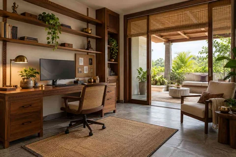 AI-generated home office concept: terrace-edge work suite, teak craft direction