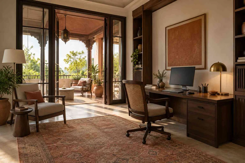 AI-generated home office concept: terrace-edge work suite, terracotta heritage direction