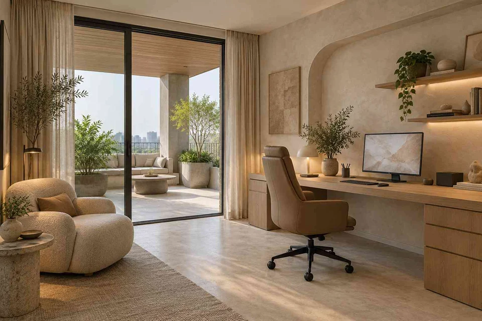 AI-generated home office concept: terrace-edge work suite, textured mineral direction