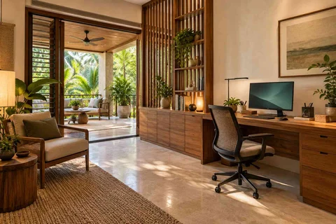 AI-generated home office concept: terrace-edge work suite, tropical slatted direction