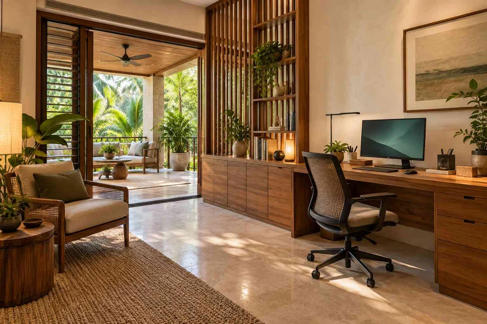 AI-generated home office concept: terrace-edge work suite, tropical slatted direction