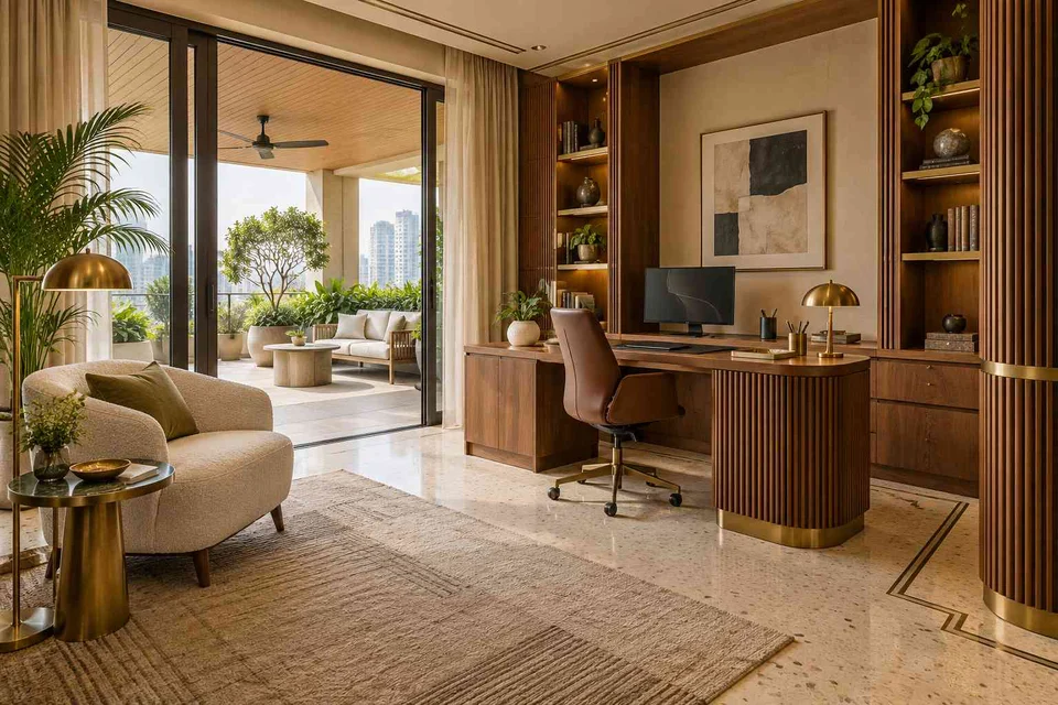 AI-generated home office concept: terrace-edge work suite, urban deco direction