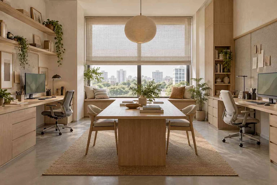 AI-generated home office concept: two-person creative suite, ash and linen direction