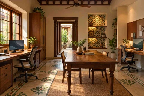 AI-generated home office concept: two-person creative suite, chettinad tile direction