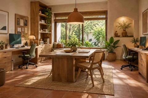 AI-generated home office concept: two-person creative suite, clay artisan direction