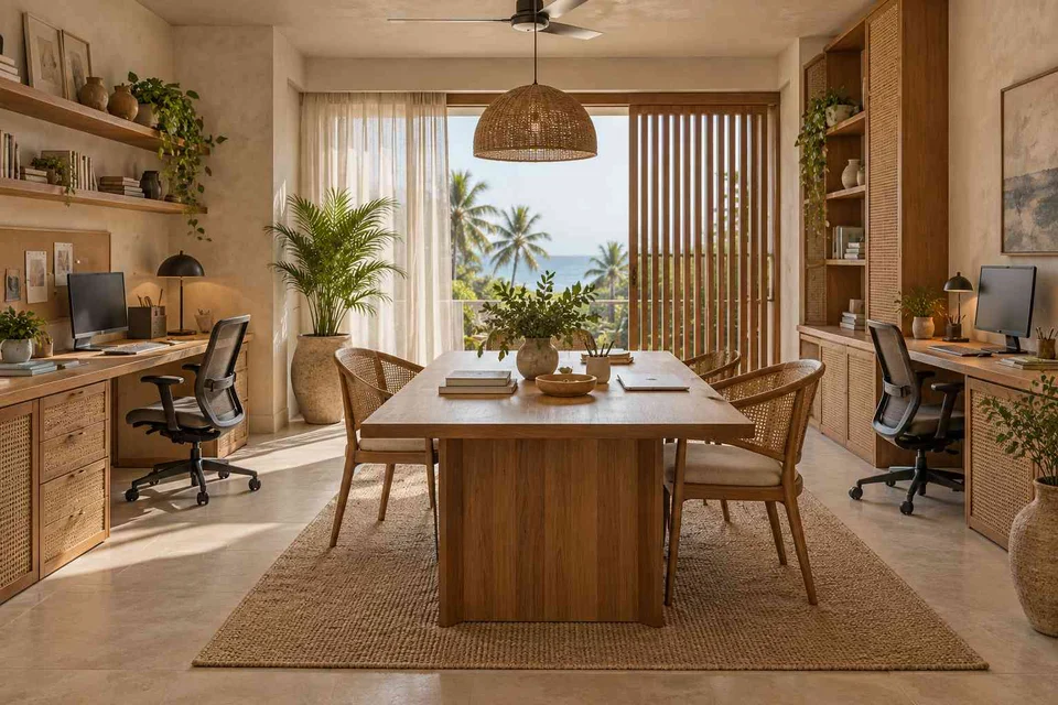 AI-generated home office concept: two-person creative suite, coastal woven direction