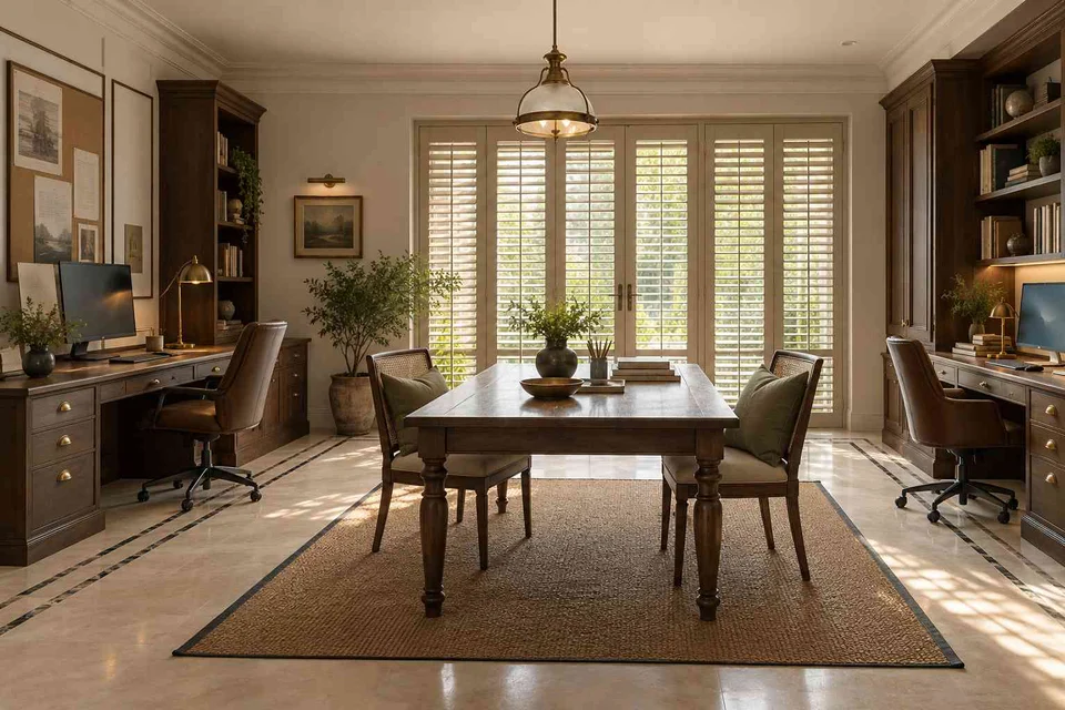 AI-generated home office concept: two-person creative suite, colonial quiet direction