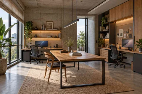 AI-generated home office concept: two-person creative suite, concrete and oak direction