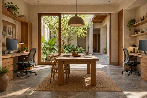 AI-generated home office concept: two-person creative suite, courtyard modern direction