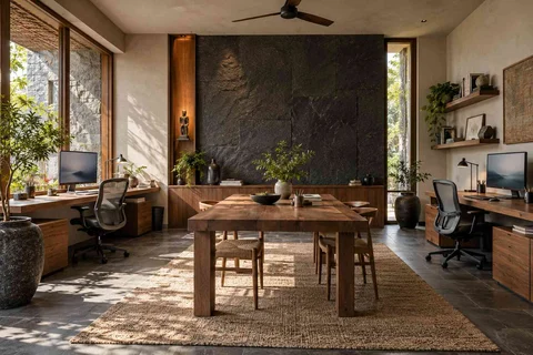 AI-generated home office concept: two-person creative suite, deccan stone direction