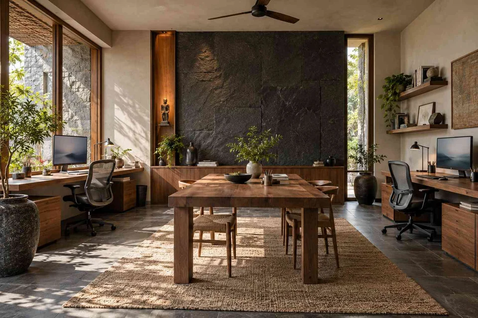 AI-generated home office concept: two-person creative suite, deccan stone direction