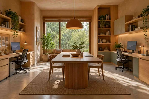 AI-generated home office concept: two-person creative suite, earth and bamboo direction