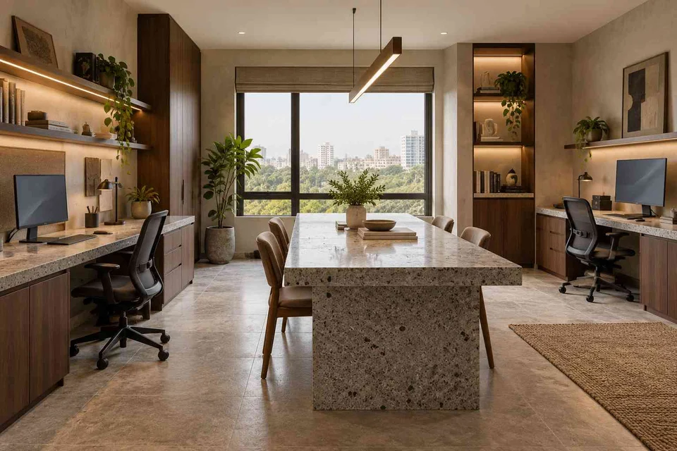 AI-generated home office concept: two-person creative suite, granite precision direction