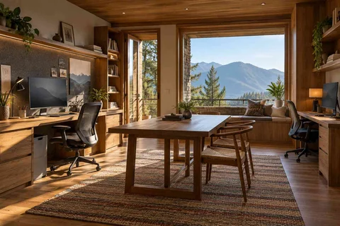 AI-generated home office concept: two-person creative suite, hill timber direction