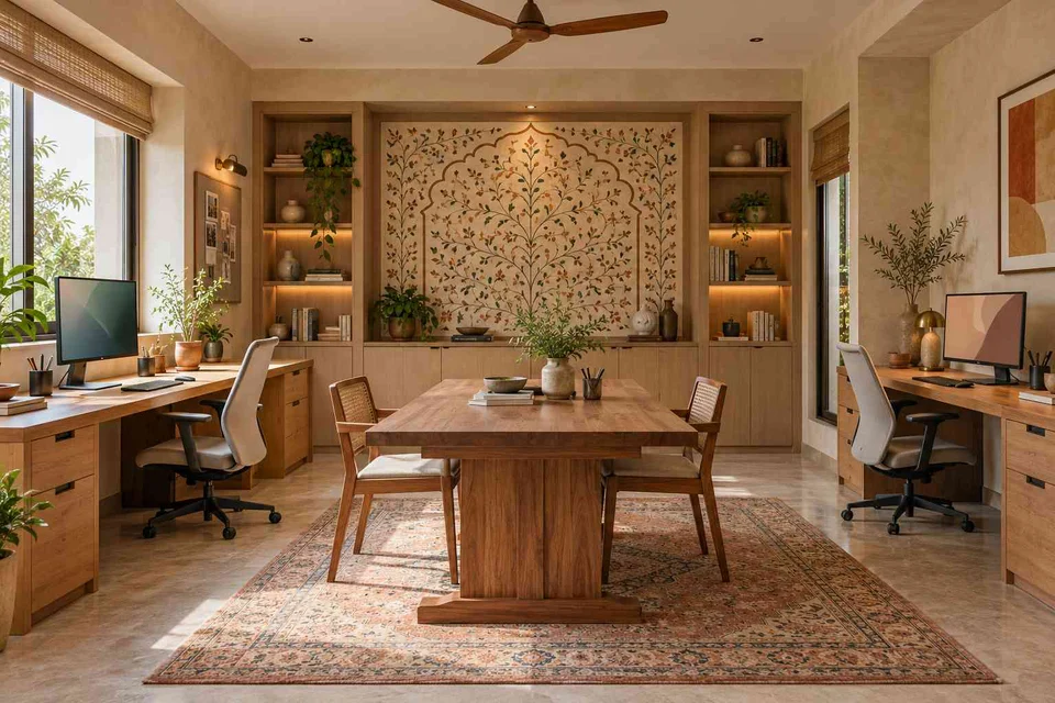 AI-generated home office concept: two-person creative suite, inlay atelier direction