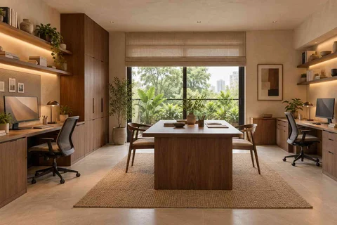 AI-generated home office concept: two-person creative suite, lime and walnut direction