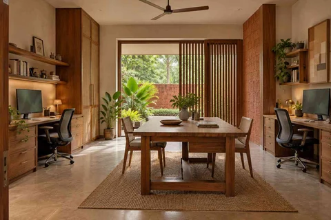 AI-generated home office concept: two-person creative suite, malabar timber direction