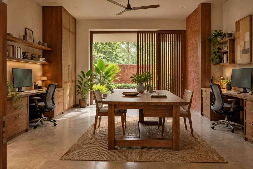 AI-generated home office concept: two-person creative suite, malabar timber direction