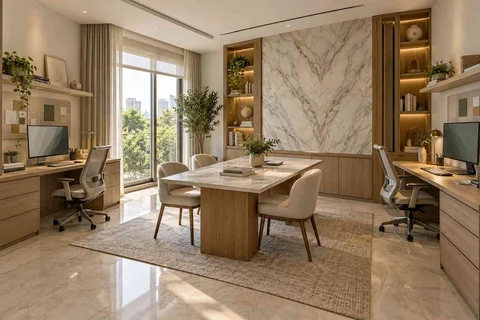 AI-generated home office concept: two-person creative suite, marble restraint direction