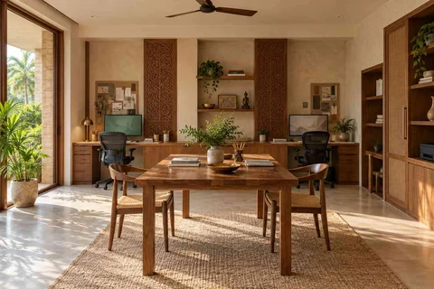 AI-generated home office concept: two-person creative suite, modern carved direction