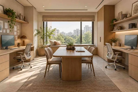 AI-generated home office concept: two-person creative suite, quiet contemporary direction