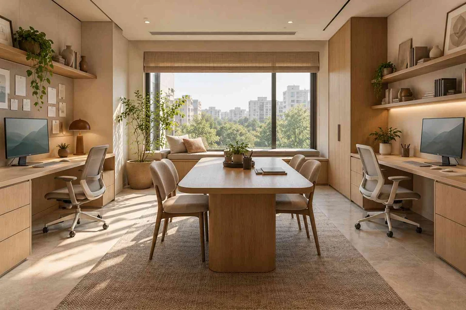 AI-generated home office concept: two-person creative suite, quiet contemporary direction