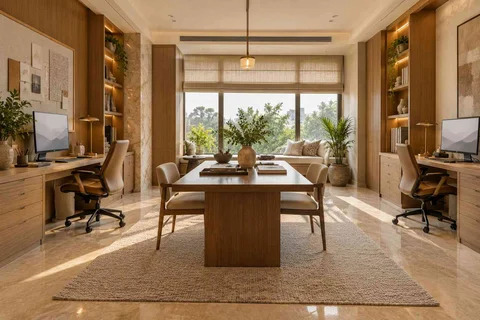 AI-generated home office concept: two-person creative suite, quiet transitional direction