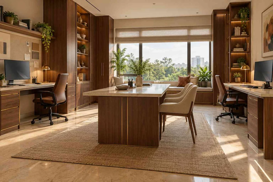 AI-generated home office concept: two-person creative suite, rosewood brass direction
