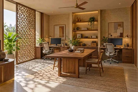 AI-generated home office concept: two-person creative suite, sandstone lattice direction