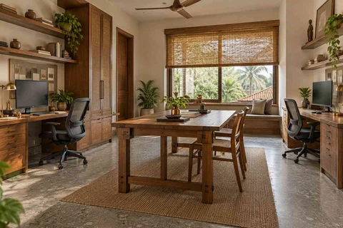 AI-generated home office concept: two-person creative suite, teak craft direction
