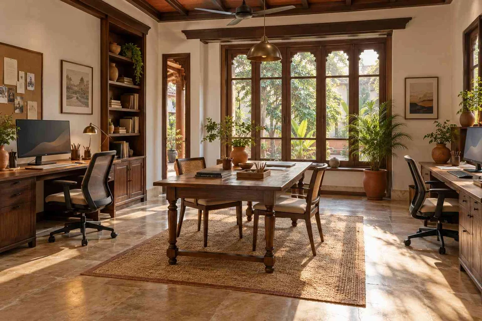 AI-generated home office concept: two-person creative suite, terracotta heritage direction