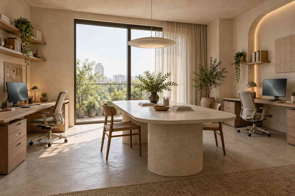 AI-generated home office concept: two-person creative suite, textured mineral direction