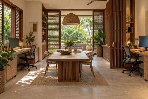AI-generated home office concept: two-person creative suite, tropical slatted direction
