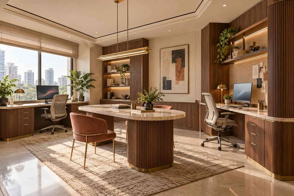 AI-generated home office concept: two-person creative suite, urban deco direction
