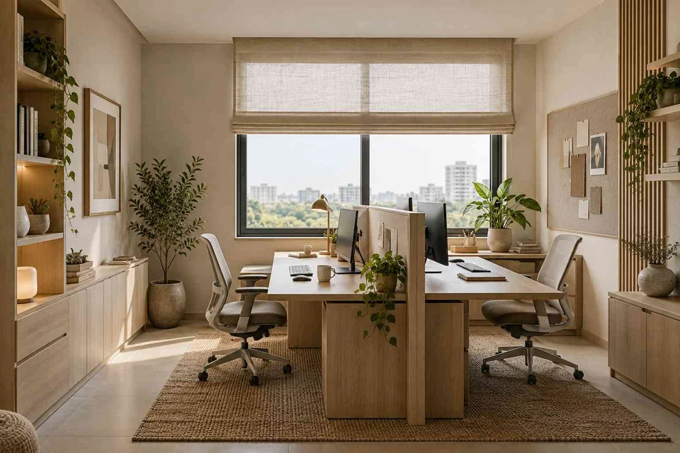 AI-generated home office concept: two-person workroom, ash and linen direction