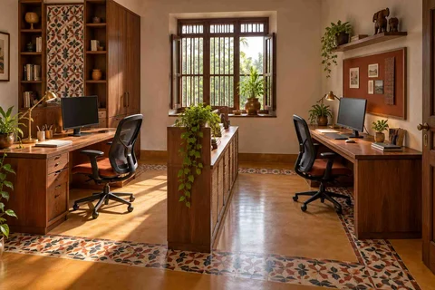 AI-generated home office concept: two-person workroom, chettinad tile direction