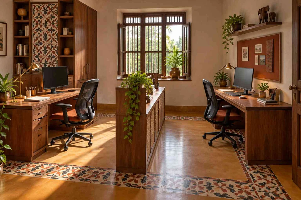 AI-generated home office concept: two-person workroom, chettinad tile direction