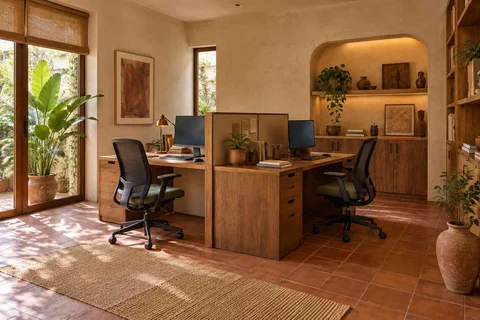 AI-generated home office concept: two-person workroom, clay artisan direction