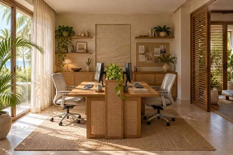 AI-generated home office concept: two-person workroom, coastal woven direction