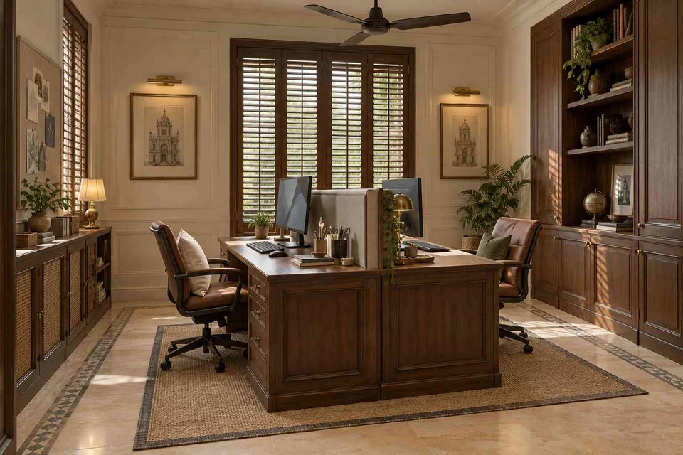 AI-generated home office concept: two-person workroom, colonial quiet direction