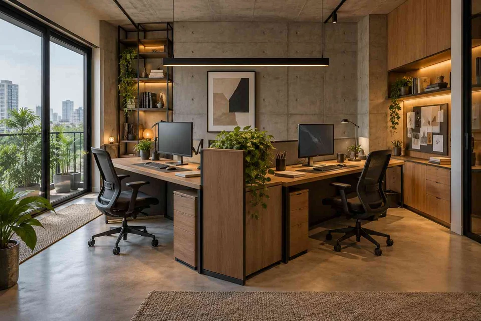 AI-generated home office concept: two-person workroom, concrete and oak direction