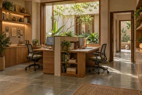 AI-generated home office concept: two-person workroom, courtyard modern direction