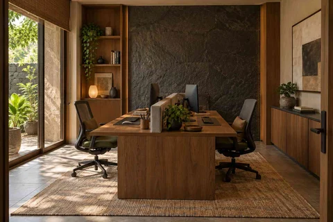 AI-generated home office concept: two-person workroom, deccan stone direction