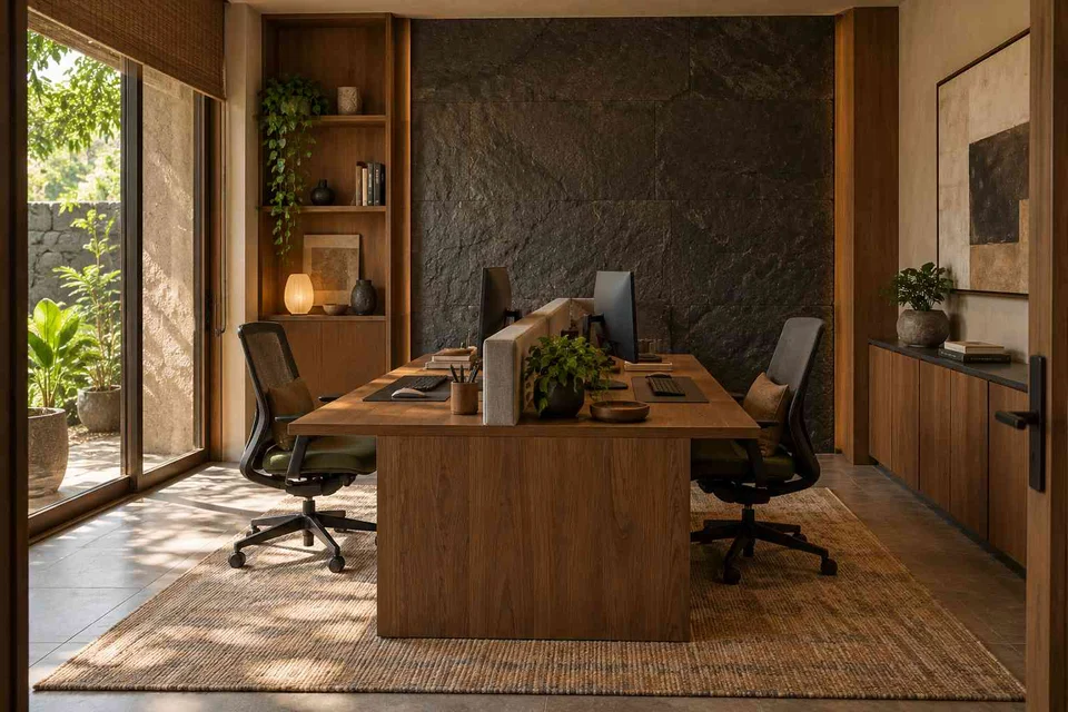 AI-generated home office concept: two-person workroom, deccan stone direction