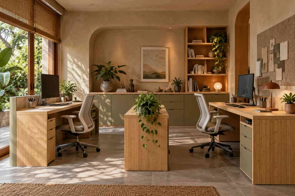 AI-generated home office concept: two-person workroom, earth and bamboo direction