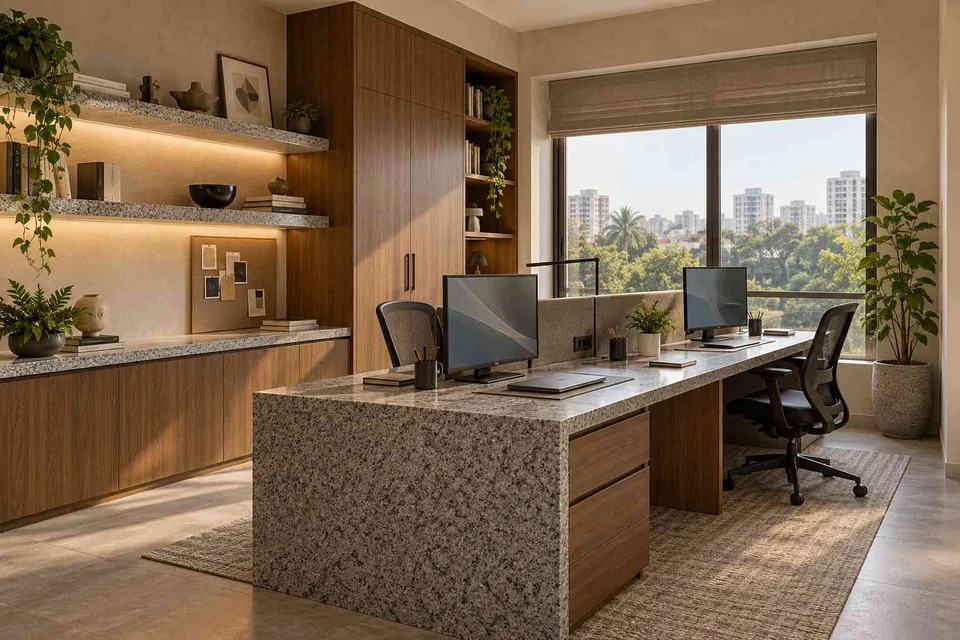 AI-generated home office concept: two-person workroom, granite precision direction